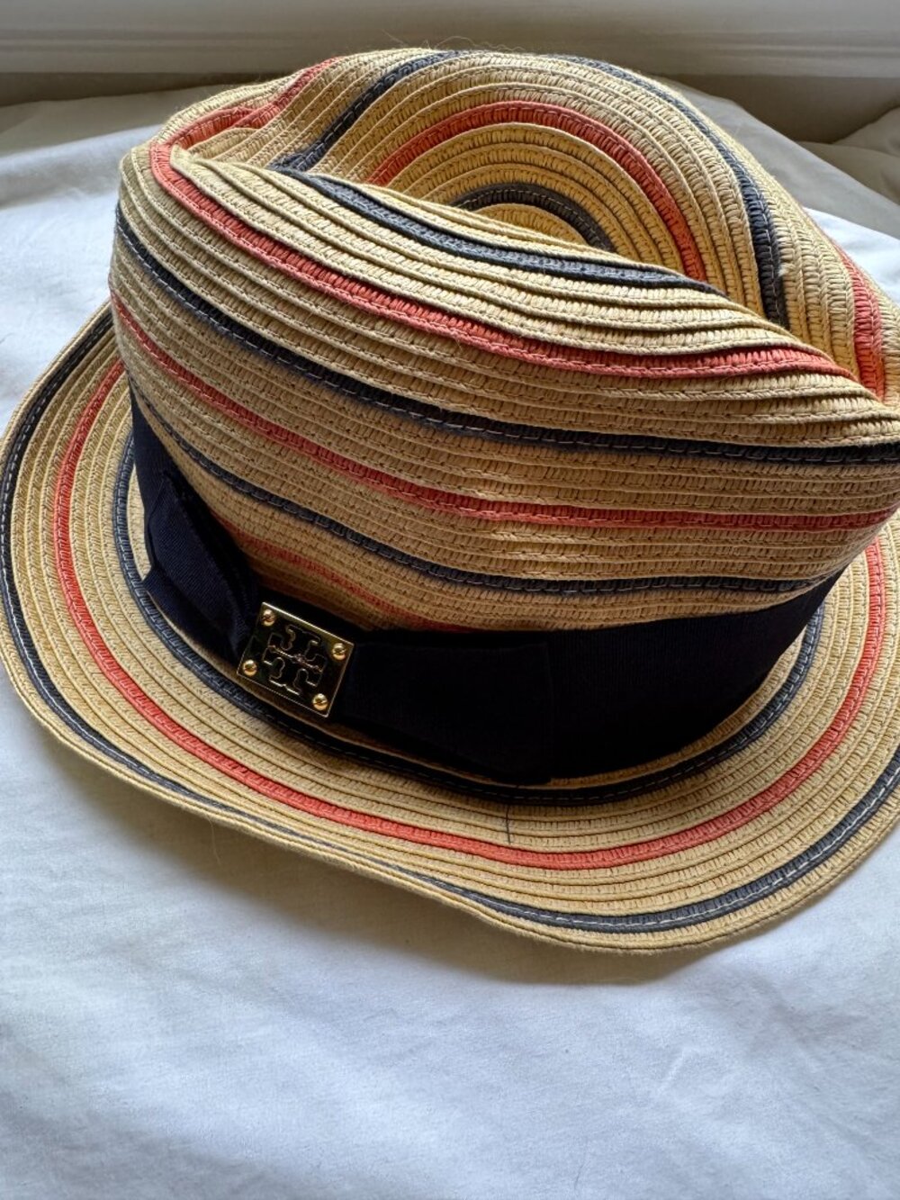 Tory Burch Straw Fedora Hat Navy Coral Stripe Gold Logo - Picture 3 of 6